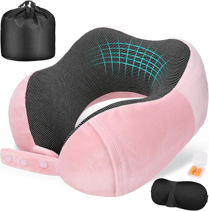 Cirorld Neck Pillow for Traveling, Travel Pillows for Airplanes,100% Pure Memory Foam Travel Neck Pillow, Adjustable Flight Pillow, Portable Plane Accessories with Eye Mask, Earplugs, Carry Bag