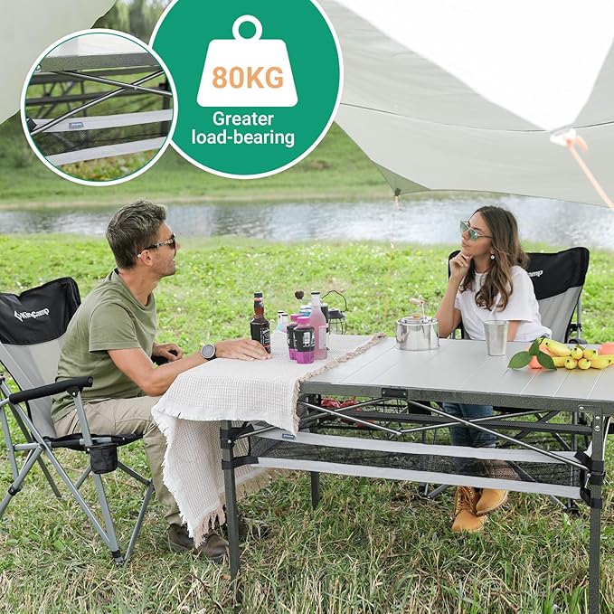 KingCamp Folding Camping Table, Portable Camp Table Foldable Aluminum Roll Up Seamless Desktop with Storage and Tall Legs for Outdoor Backyard Picnic
