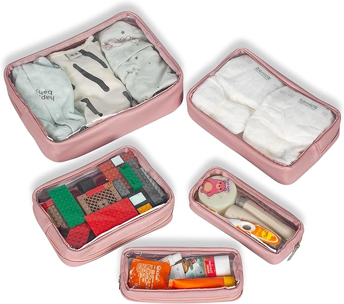 Remobia Hicol TSA Approved 5-Piece Diaper Bag Organizer Pouch Set Clear Waterproof TPU Kids Toiletry Storage Set Travel Packing Clutch Cube Bags for Baby Nursing (Light Pink Leather)