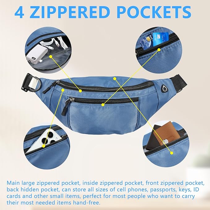 1PCS Crossbody Fanny Pack Large Capacity Waist Bag with 4-Zipper Pockets Adjustable Strap Fanny Packs Waterproof Oxford Cloth Travel Belt Bag for Outdoor Shopping Travel Men Women,Blue