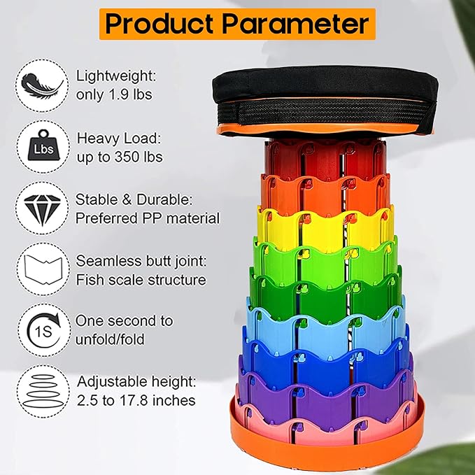 Upgraded Portable Folding Stool with Seat Cushion and Nylon Bag Adjustable Stool with 350lbs Load Capacity Collapsible Camping Stool for Adults Outdoor Travel, Fishing. (1, Orange Rainbow)