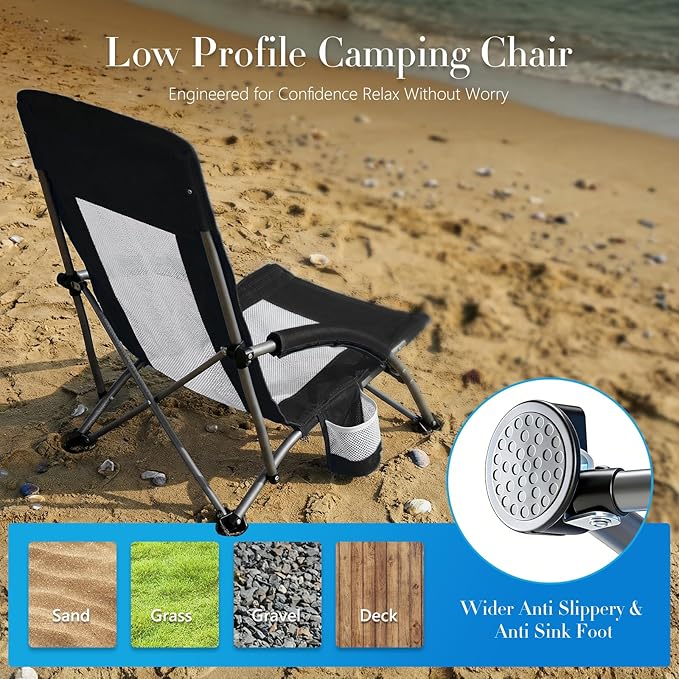 DUMOS Low Beach Chair for Adults, Lightweight Folding Beach Chair with Cup Holder, Storage Bag, Breeze Mesh Back, Padded Armrests, Compact Low Profile Chair for Camp, Picnic, Lawn, Sand