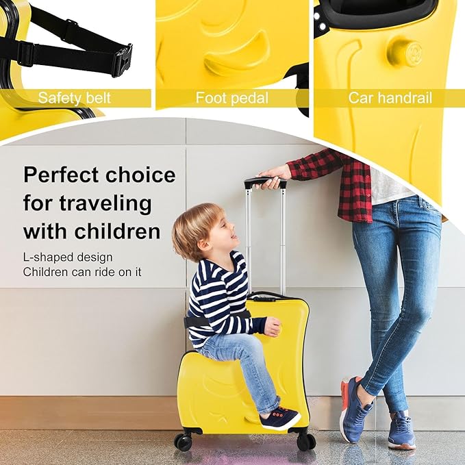 22 Inch Kid Ride Suitcase, Kid Travel Trolley With Safety Belt, Kids Luggage Seat Ride With Lock, Luggage For Kids Airplane Travel,Suitcase To Aged 1-6 Years Old, ABS+PC (Yellow)