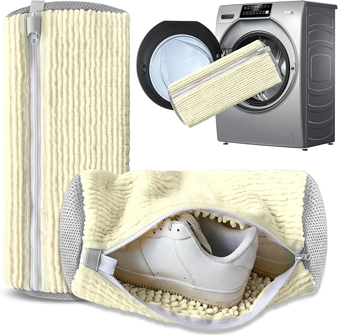 2Pcs Reusable Shoe Washing Machine Bag for Washer and Dryer:Free Up Hands, Prevent Deformation,shoe bag with Zipper Protection Design, Use for all Shoes,Sports Shoes(Cream)