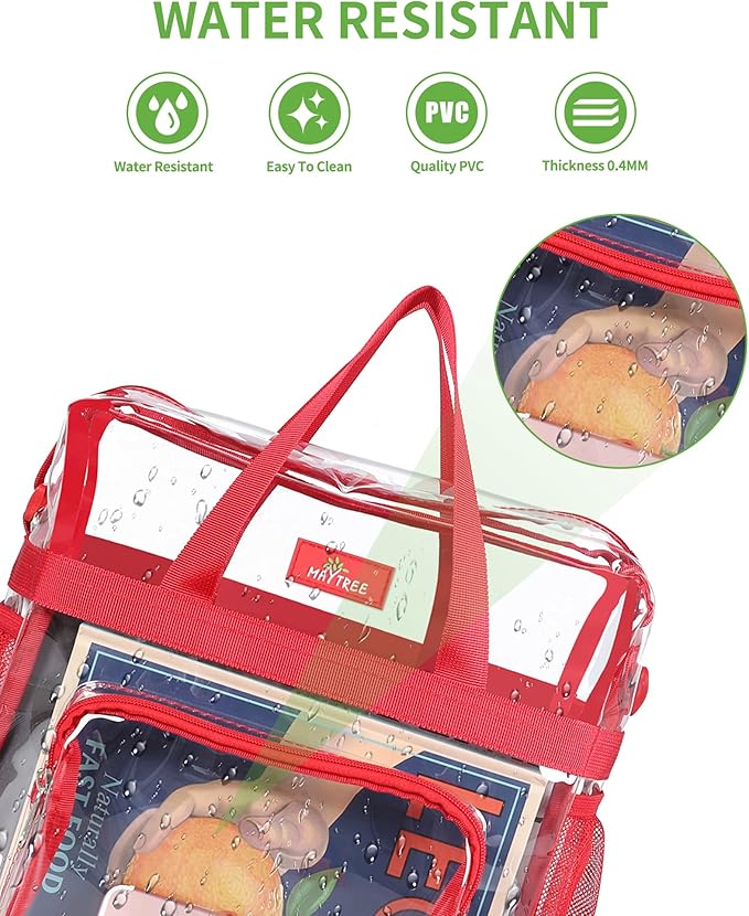 MAY TREE Clear Bag for Stadium Events 12×6×12 Clear Tote Lunch Bag with Reinforced Straps for Work, Sporting Events and Gym, Red