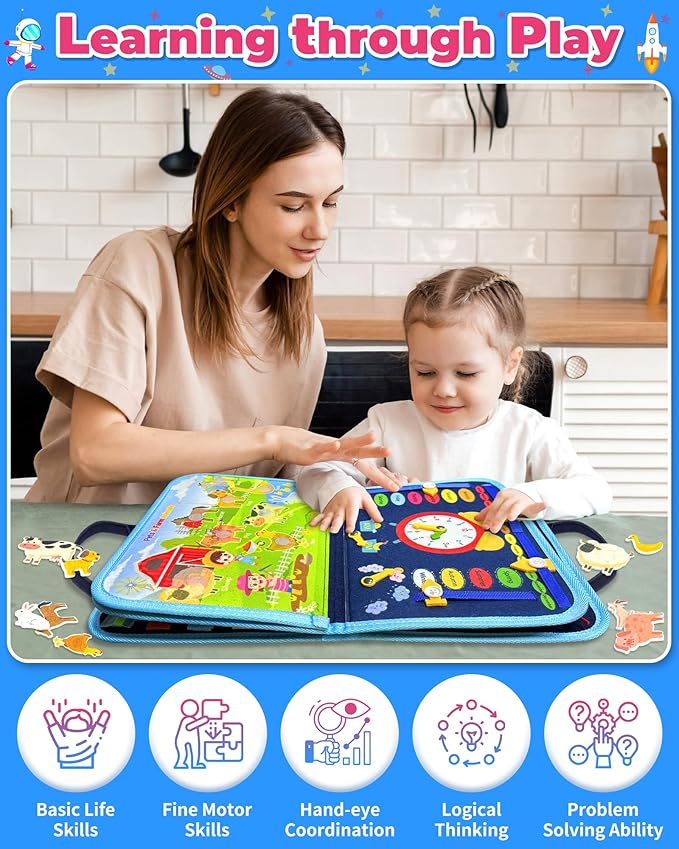 Gojmzo Busy Board Montessori Toys for Toddler Boy Birthday Gifts, Busy Book Sensory Toys for Toddlers, Learning Educational Toddler Travel Activities