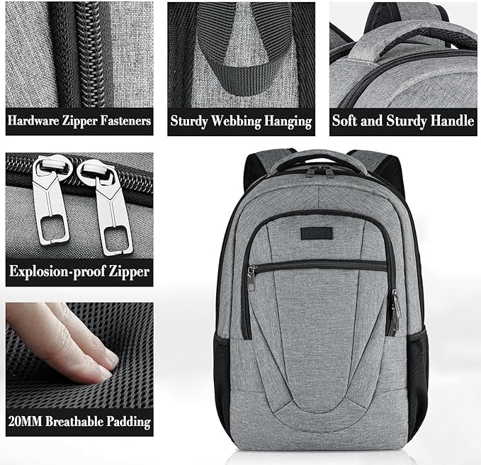 BIKROD Travel Laptop Backpack, Backpacks for School College Teens, Business Anti Theft Slim Sturdy Backpack for Woman and Men, Adult Computer Work Backpack for 17 IN Laptop, Grey
