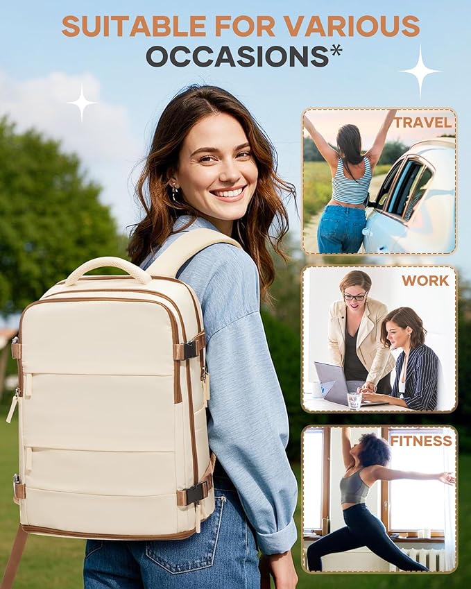 coofay Large Travel Backpack Carry on Flight Approved Mochila De Viaje Personal Item Travel Bag Backpacks for Men Women Carry on Backpack for Airplanes 18x14x8 Inches Travel Bag Beige with Brown