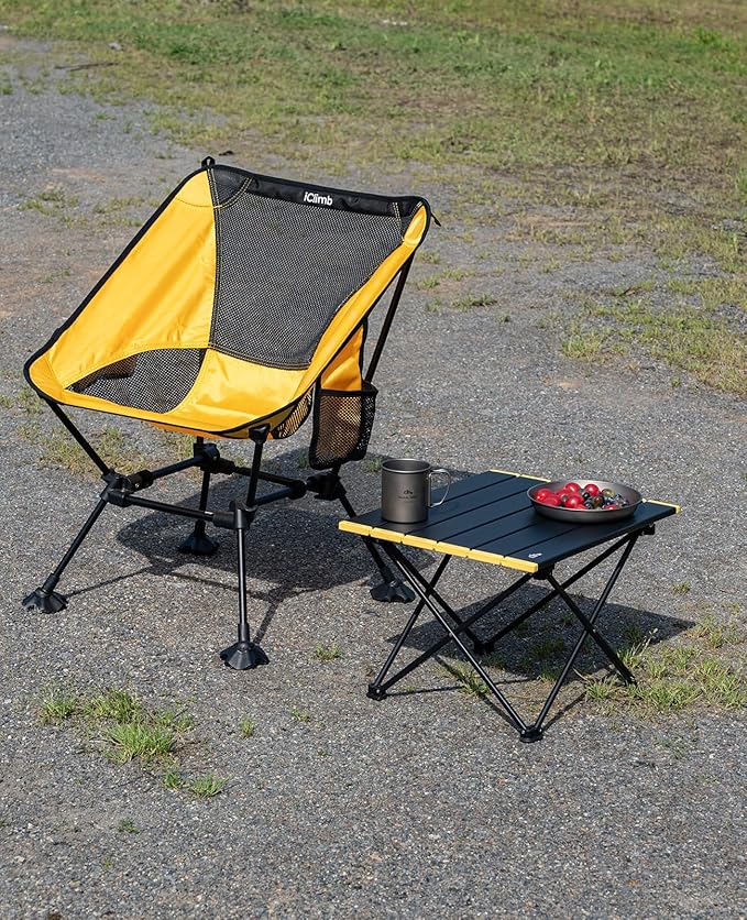 iClimb Ultralight Compact Camping Folding Beach Chair with Anti-Sinking Large Feet and Back Support Webbing (Black - Square Frame)