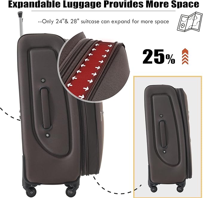 Lightweight Expandable Softside Luggage Sets 3 Piece, Large Capacity Travel Suitcase with Spinner Wheel, TSA Lock, Easy Access Design and Adjustable Telescoping Handle (Brown)