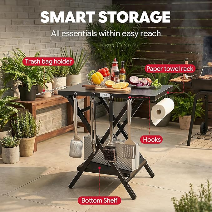 Feasto Folding Grill Table, Pizza Oven Table & Portable Table with Bottom Shelf, Tool Hooks, Trash Bag Holder & Paper Towel Rack, Grill Stand for Pizza Oven & Tabletop Griddle (Black)