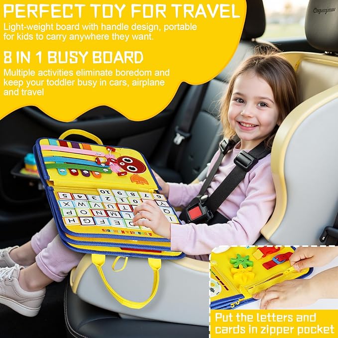 Esjay Toddler Busy Board Montessori Toys for Boys Girls, Sensory Book Educational Activities for Learning Fine Motor Skills, Birthday Gifts for Toddlers, Travel Toys for Airplane Car, Yellow Truck