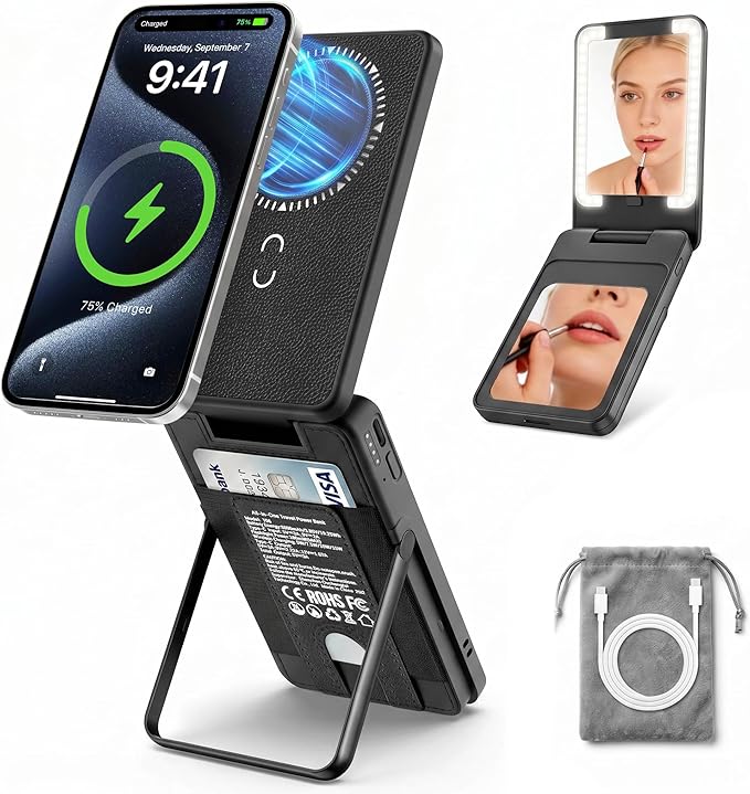 5-in-1 Magnetic Power Bank, 5000mAh Portable Wireless Charger with Mirror, Stand, Bluetooth Remote & Card Holder, MagSafe Compatible Travel Essential for iPhone & Samsung, USB-C Cable Included，Black