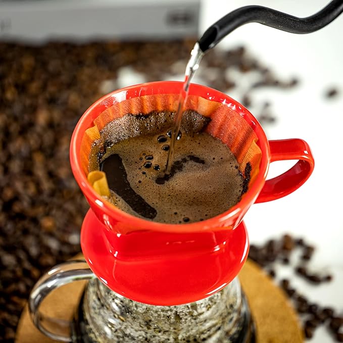 Pour Over Ceramic - Coffee Dripper Ceramic Coffee Maker with 3 Holes Flat Bottom, Porcelain Slow Filter Cone for Travel, Camping, Office, Home, Coffee Maker Brew, Red