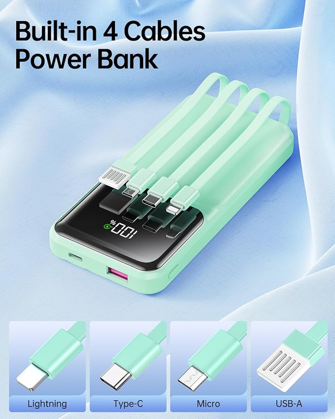 Portable Charger with Built in Cable - 20000mAh Fast Charging Power Bank USB C Slim 22.5W LED Display Battery Pack 5 Outputs & 3 Inputs for Travel Essentials iPhone Samsung Android Phones Tablets Cyan