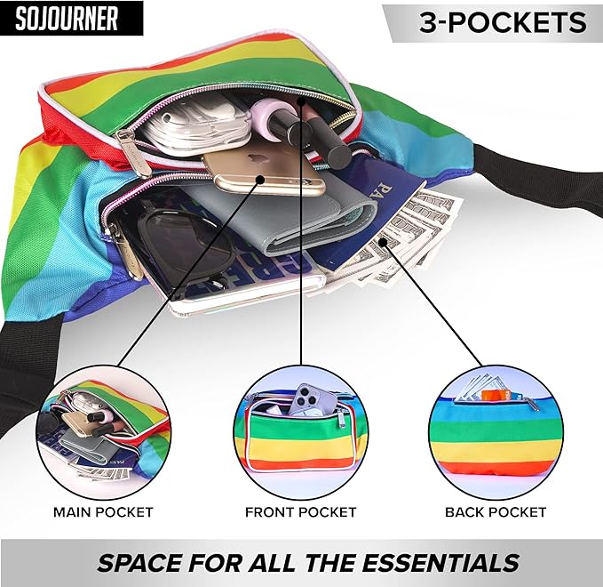 Rainbow Fanny Pack Belt bag - Crossbody Waist Bag for Men or Women - Hands-Free, Waterproof Large Bumbag for Hiking, Running, and Travel