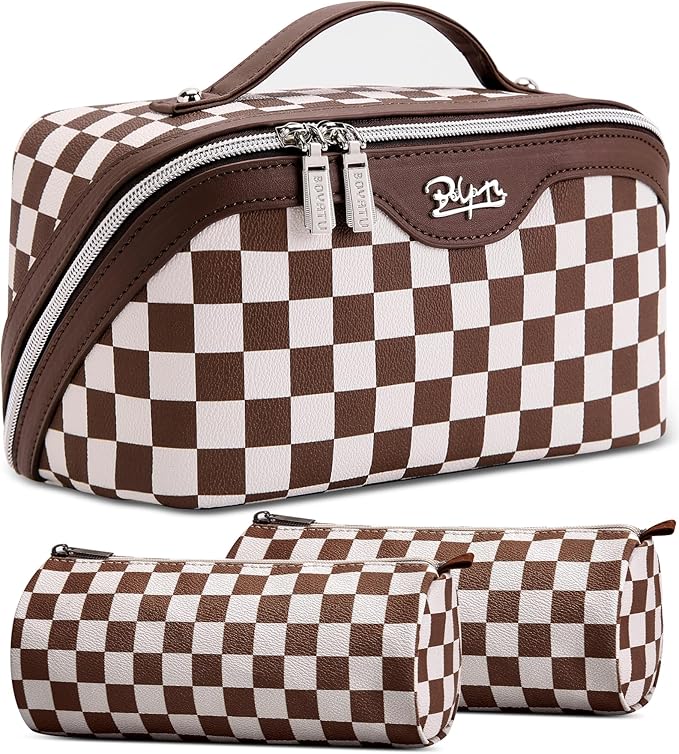BOYATU Travel Makeup Bag Organizer Cosmetic Bag: 3 Pcs Set Make up Bags for Women with Handle - Waterproof Vegan Leather Toiletry Bag (01-G-Coffee)