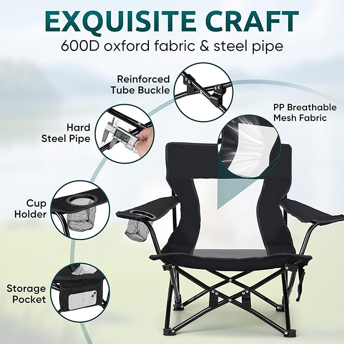 HaSteeL Folding Beach Chair, Foldable Black Camping Chairs for Outside, Low Beach Chair Portable for Adults Fishing, Picnic, Outdoor BBQ, Travel, Sports, Cup Holder & Storage Bag