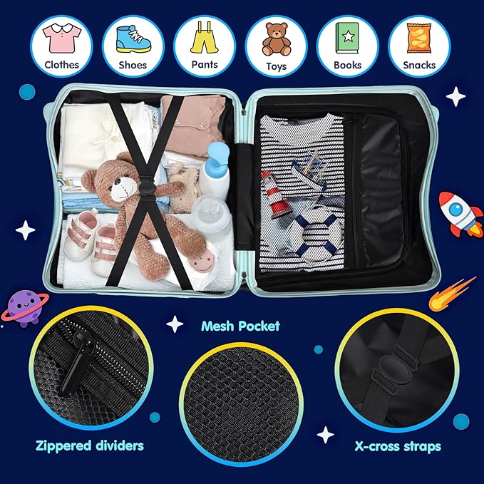 Kids Ride-On Suitcase with Cute Ears, DIY Graffiti Coloring Design, 20" Carry-On Luggage with 4 Spinner Wheels, Pull Rope & Combination Lock – Rideable Travel Case for Toddlers & Children(Green)