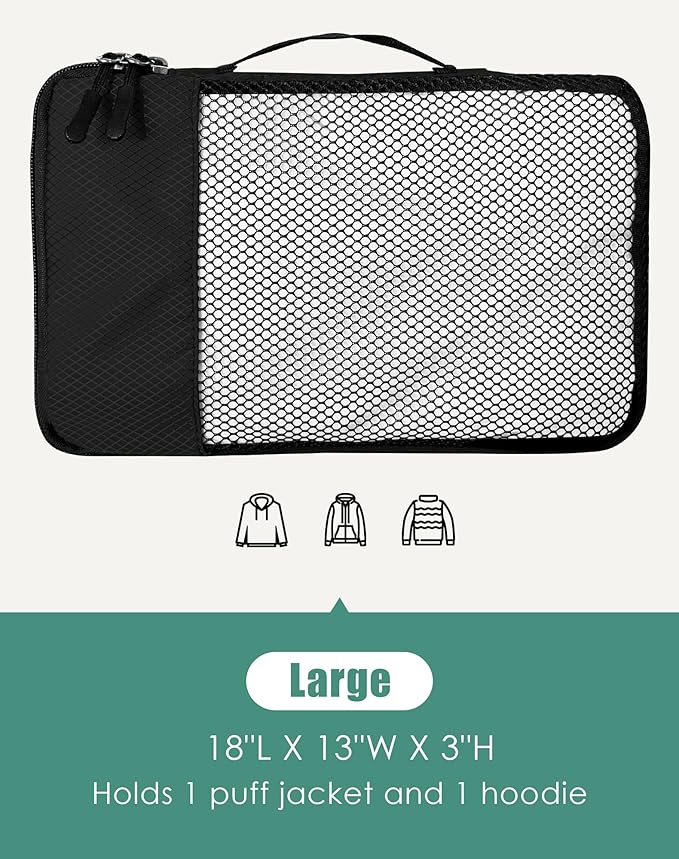 WTREE 4-Piece Packing Cubes Travel Accessories Set for Suitcases - Luggage Organizer Bags with Double Zipper - Mesh Top - Large - Black