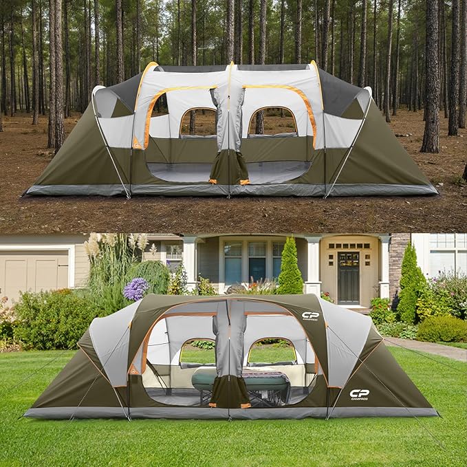 CAMPROS CP Tent 12-Person-Camping-Tents,3 Room Family Tents,Waterproof Windproof Family Tent with Top Rainfly,6 Large Mesh Windows,Double Layer,Easy Set Up, Portable with Carry Bag-20' x 9' x 72"(H)