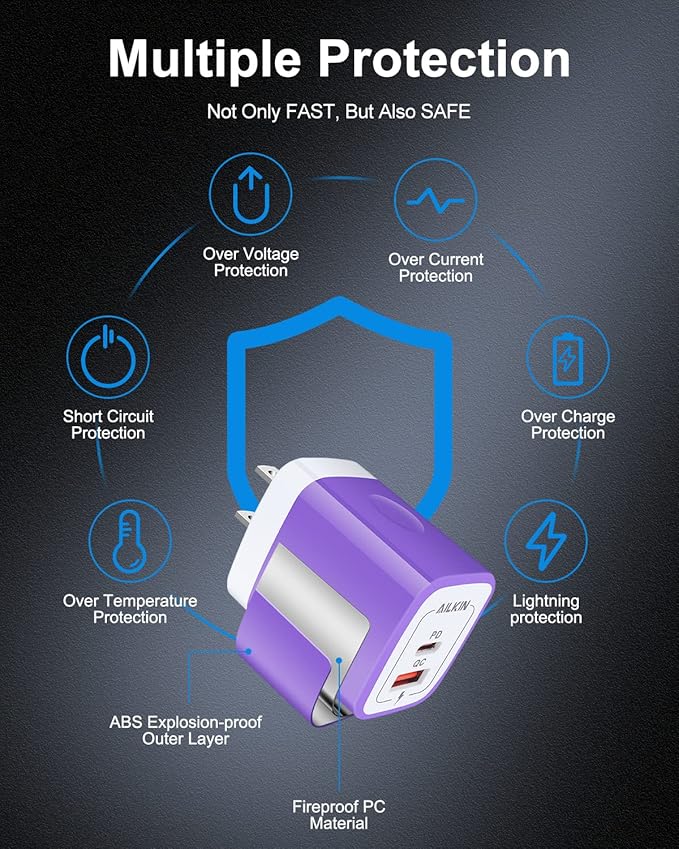 USB C Wall Charger, AILKIN 3Pcs 20W PD + QC3.0 USBC Charger Block Super Fast Power Output Rapid Charging Box Wall Plug Cube for Apple iPhone, Samsung Galaxy, Motorola, LG, Google Pixel - Purple