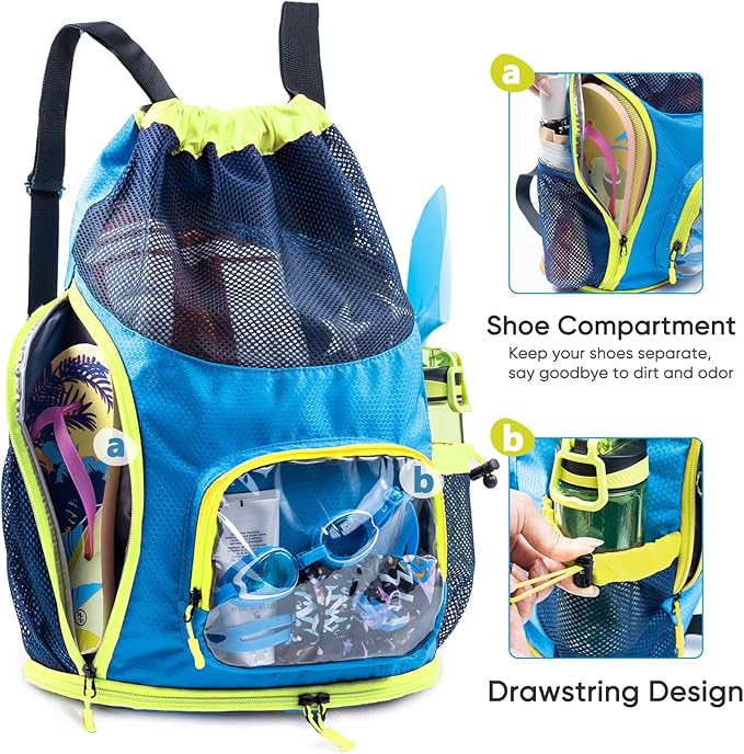 Mesh Drawstring Backpack with Shoe Compartment, Sandproof Beach Swim Bag with Wet Pocket, Pool Gym Shower Bag for Travel Summer Camp