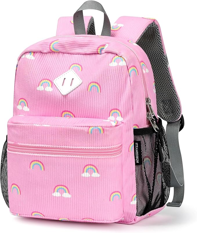 STEAMEDBUN Corduroy Toddler Backpack for Girls 2-4, Kids Preschool Backpack for Kindergarten - Rainbow