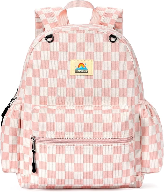 STEAMEDBUN Corduroy Kids Backpack for Girls and Boys 5-8: Girls Backpack for Elementary Kindergarten - 15 inch Cute Backpacks for Kids - Checkerboard