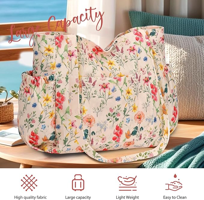 Corduroy Tote Bag for Women,Large Capacity Cute Tote Bags With 6 Pockets,Crossbody Shoulder Handbag for Work Travel Gym