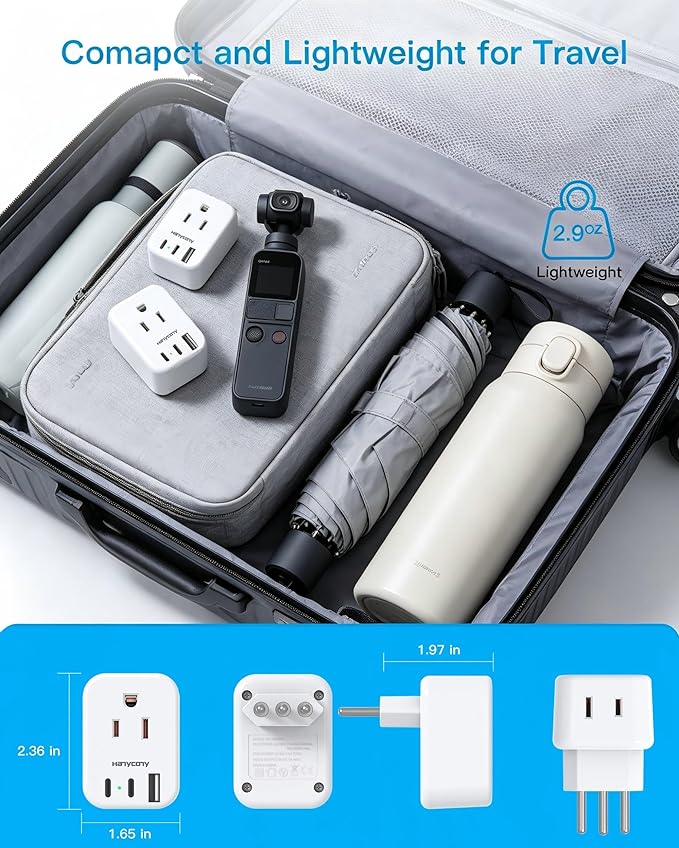HANYCONY Italy Travel Adapter, Grounded Type L Plug Adapter with 2 AC Outlets 3 USB Ports (2 USB C), US to Italy Power Adapter for Rome, Chile, Uruguay, Ethiopia - Cruise Ship Approved