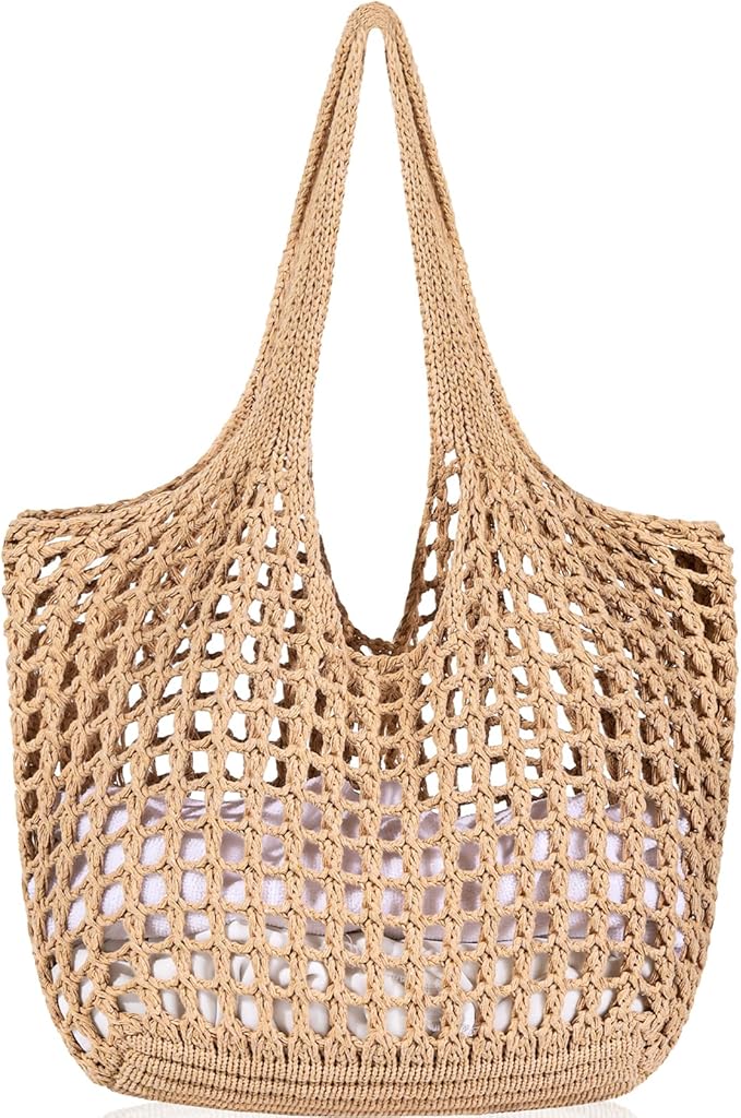 WantGor Crochet Bags, Beach Mesh Tote Bag Womens Shoulder Shopping Handbag Casual Travel Totes Bag Foldable Hobo Bags