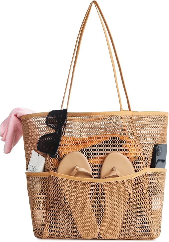 Iioscre Beach Bag for Women, Causal Hobo Pool Bags with Zipper Inner Pocket, Foldable Swim Tote Bag for Vacation Essentials