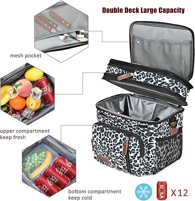 MIYCOO Lunch Bag & Lunch Box for Women Men, Double Deck Leakproof Insulated Soft Large Adult Camping Cooler bag for Work, Beach, Picnic, Travel (Leopard print, 15L)