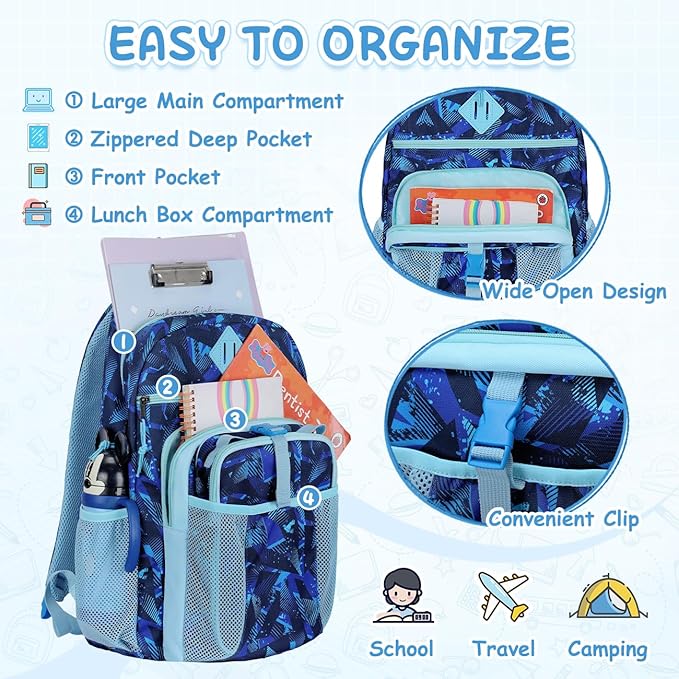 VASCHY Kids Backpack Lunch Bag Set, Boys 2-1 School Bookbag Insulated Lunch Box for Toddlers,Preschool,Daycare,Kindergarten,Elementary School Blue