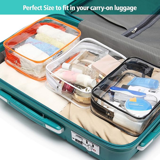 PACKISM Clear Toiletry Bag - 3 Pack TSA Approved Toiletry Bag Quart Size Bag, Travel Makeup Cosmetic Bag for Women Men, Carry on Airport Airline Compliant Bag, Black, White, Orange
