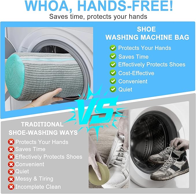 vorona Shoe Washing Machine Bag, 2PCS Reusable Shoe Bag for Washing Machine, 360° Deep Clean, Includes 4 Shoe Storage Dust Bags & 2 Drying Racks, XXL Laundry Shoe Bag for Sneakers Tennis Shoes, Grey