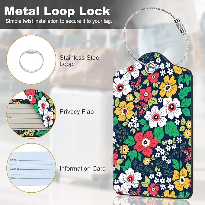 2Pack Luggage Tags for Suitcases, Cute Unique Pu Leather Cruise Luggage Tag with Privacy Cover ID Label Address Card and Metal Ring Suitable for Women Men Kids Travel Bag Green and white flowers