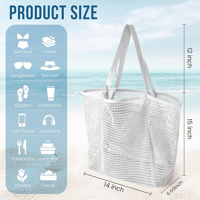 HOHOM Beach Bags for Women, Summer Travel Mesh Tote Bag with Large Inner Pocket, Sandproof Woven Shoulder Handbag