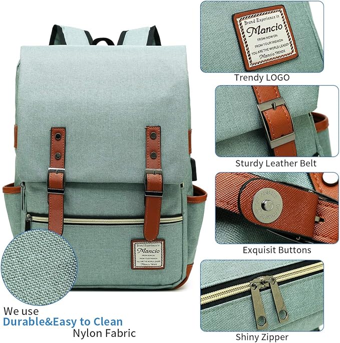 Mancio Vintage Laptop Backpack with USB Charging Port, Slim Tear Resistant Business Backpack for Travelling, College, Casual Daypacks for Men,Women, Fits up to 15.6Inch Notebook, Green