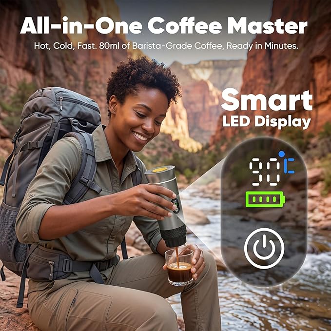 Portable Espresso Coffee Maker, Battery Operated Rechargeable Travel Espresso Machine, Self Heating Mini Coffee Maker for Camping & Car, Works with Ground Coffee and Small/Large Capsules, 80ml Cup