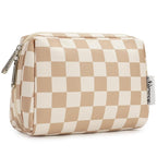 Narwey Small Checkered Makeup Bag for Purse Mini Cosmetic Bag Travel Makeup Pouch Zipper Pouch Cute Make up Bags with Compartments for Women Girls (Light Checkerboard, Small)