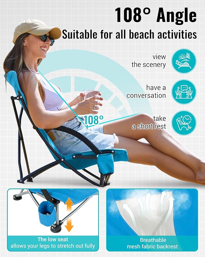 KingCamp Low Beach Chair, High Back Folding Camping Chair for Adults, Oversized Breathable Mesh Seat, 300lbs Heavy Duty Portable Chair with Cup Holder & Storage Pockets for Beach, Outdoor