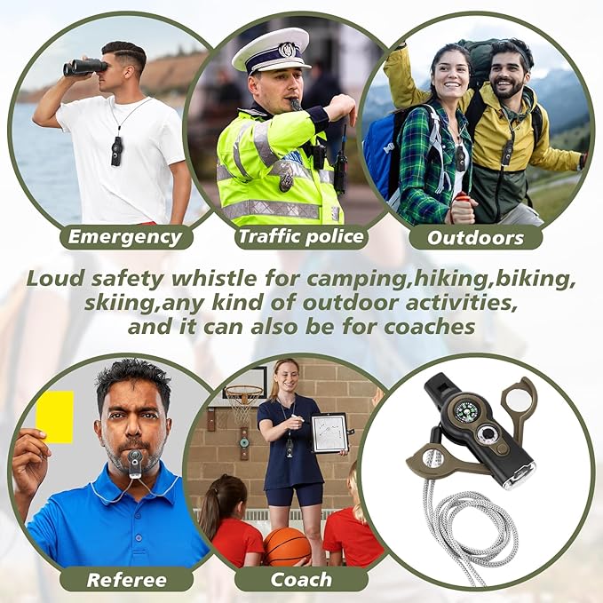 Arrowbash 12 Pack Emergency Survival Whistle 7-in-1 Compass Hiking Survival Safety Whistle with Lanyard Outdoor Multifunctional Tool Ideal for Hiking Camping Rescue Signaling
