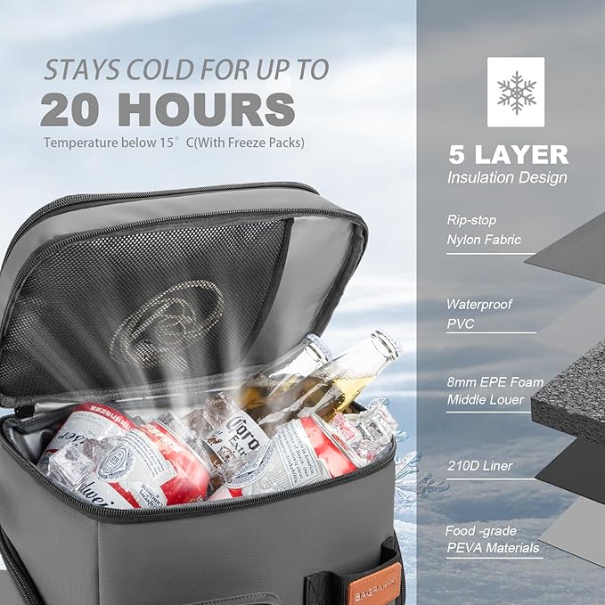 BAGPARKK Insulated Cooler Backpack,33/45 Cans Multifunctional Double Deck Leakproof Cooler Bag with Sternum Strap,Large Capacity Lightweight Travel Camping Beach Backpack
