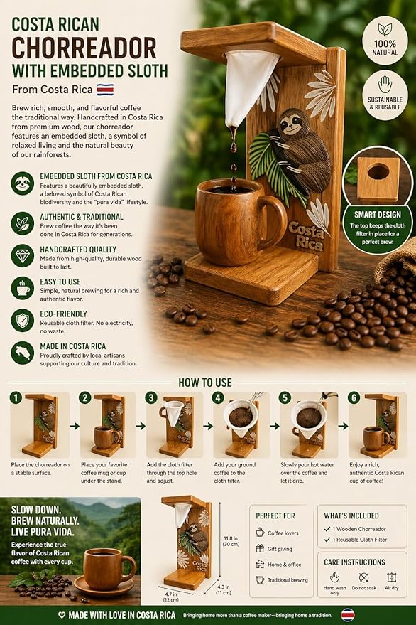 Tapanti store.Chorreador,Costa Rican handcrafted foldable wooden pour-over coffee maker.Includes a reusable cloth filter.Embedded Sloth wooden hand painted design.Light Cedar.Perfect for travel