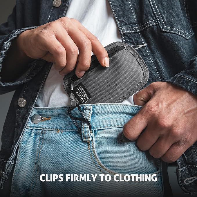 VULKIT RFID Blocking Clip Stash Pocket Small Slim Hidden Zipper Pouch Travel Safety Anti Theft Pickpocket Wallet Grey