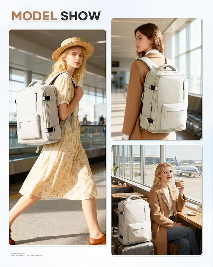 Large Travel Gym Backpack Women Carry On Backpack Flight Approved Hiking Waterproof Rucksack Casual Daypack Laptop bags airplanes Shoes Compartment Personal Item Travel Weekender Bag Essentials Beige