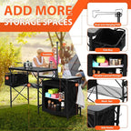 Nice C Camping Kitchen Table, Portable Folding Camp Cook Station, Storage Organizer, with Light Poles, Storage, Side Bag, Side Hooks, for Outdoor, Picnic, Beach, RV Traveling (Black)