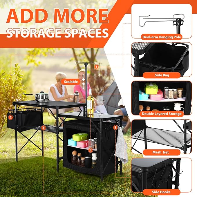Nice C Camping Kitchen Table, Portable Folding Camp Cook Station, Storage Organizer, with Light Poles, Storage, Side Bag, Side Hooks, for Outdoor, Picnic, Beach, RV Traveling (Black)